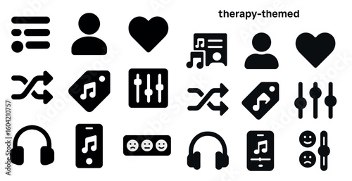 Therapy and wellness solid icons set – silhouette, filled, mental health symbols
