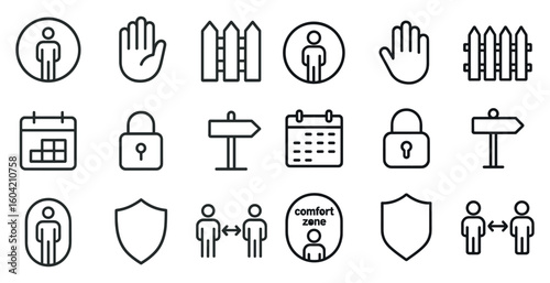 Privacy and security icons set – outline, linear, protection and safety symbols