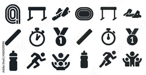 Athletics and sports icons set – solid, filled, track and field symbols collection