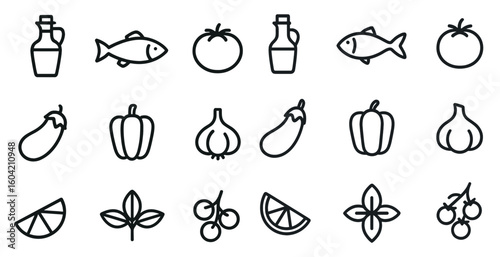 Food and drink outline icons set – flat, culinary, kitchen essentials symbols