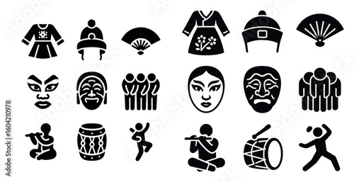 Traditional korean solid icons set – filled, cultural, heritage symbols collection