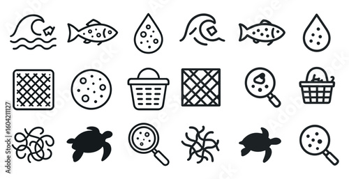 Marine biology outline icons set – ocean, aquatic, sea life symbols