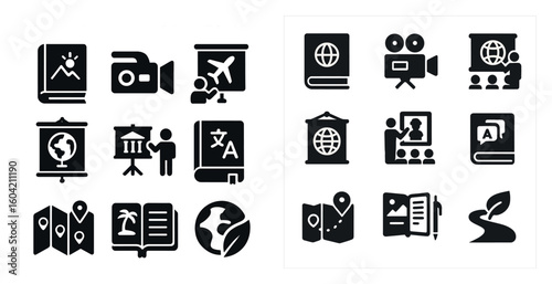 Travel and education filled icons set – solid, learning and global symbols