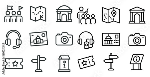 Tourism and travel outline icons set – map, camera, destination symbols