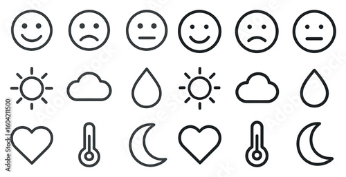 Weather and emotions outline icons set – linear, line, climate and mood symbols