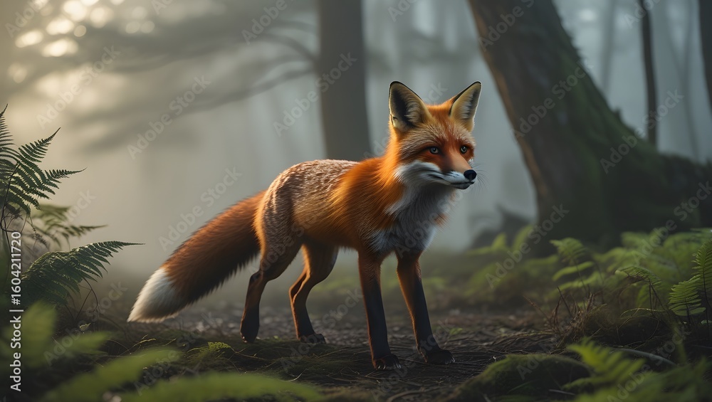 Fototapeta premium Elegant Fox with White-Tipped Tail in Mystical Woodland Setting