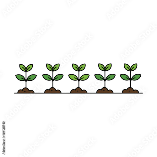 Vector illustration of young green plant seedlings growing in a neat row from the soil. A flat design icon representing farming, agriculture, and new growth.
