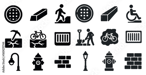 Urban infrastructure solid icons set – construction, public services, cityscape symbols
