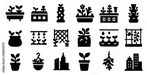 Urban gardening icons set – silhouette, filled, green living and plant symbols