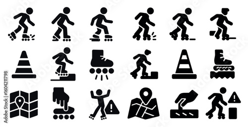 Skateboarding silhouette icons set – flat, solid, skating and sports symbols