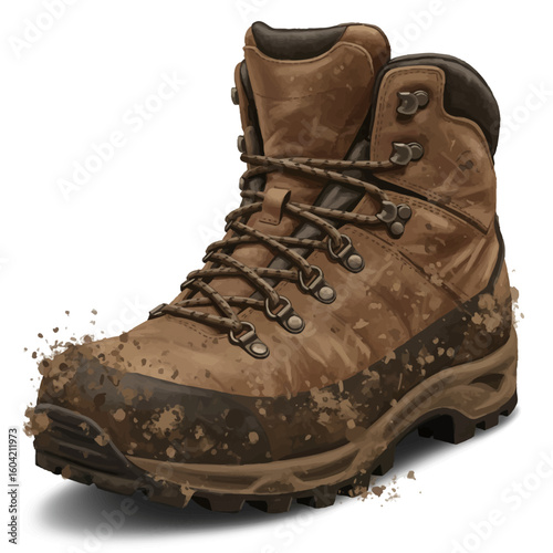 Mud-Splattered Hiking Boot: Detailed Illustration of Outdoor Footwear.