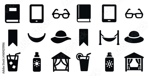 Reading and leisure solid icons set – flat, filled, book and relaxation symbols