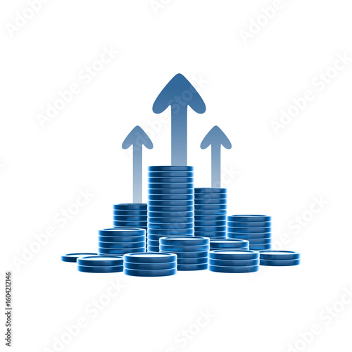 Financial Ascent: A visual representation of financial growth. Stacks of coins with upward-pointing arrows symbolize financial success and positive trends in the economic landscape.