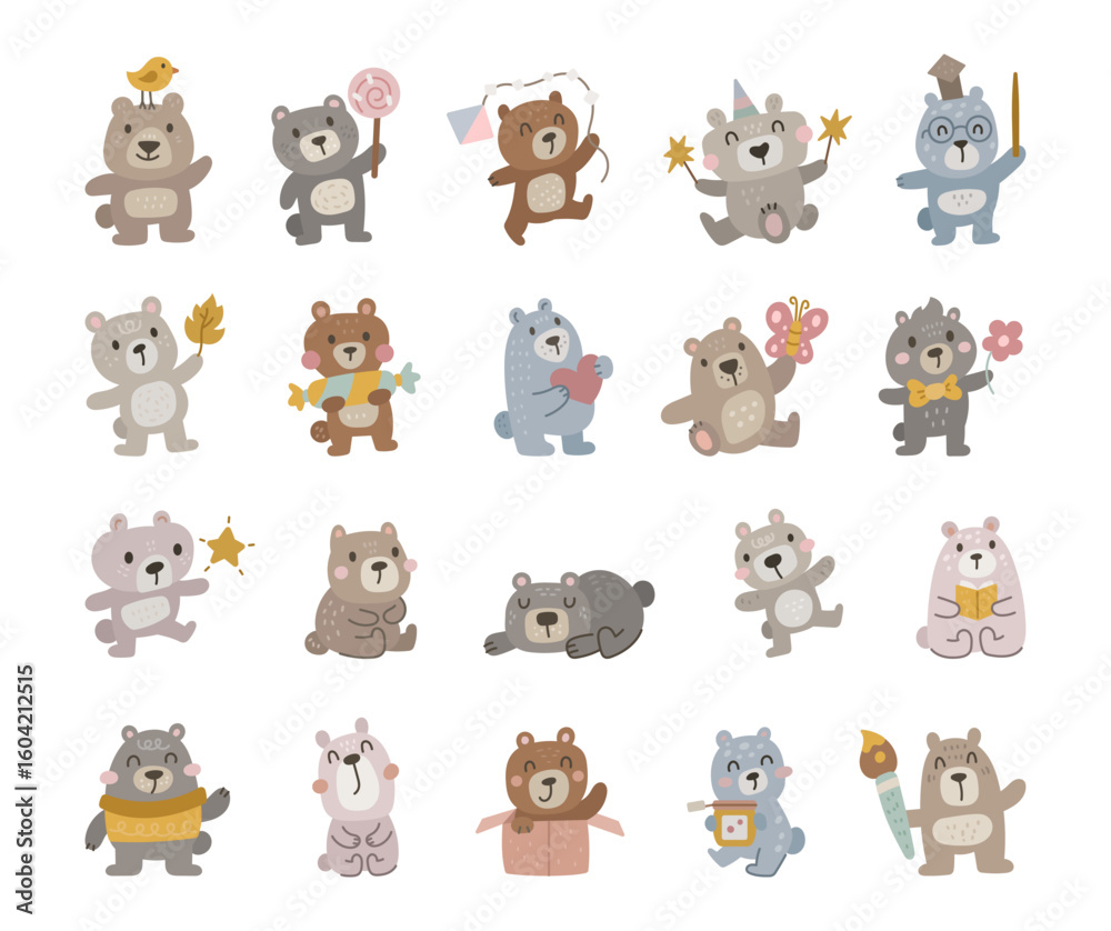 Fototapeta premium Charming bear character set in scandinavian style showing adorable emotions and activities for your creating cute and friendly illustration and creative designs projects