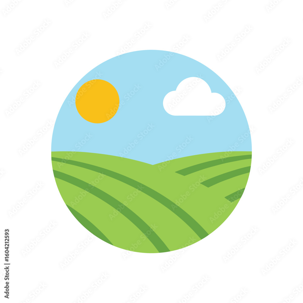 Fototapeta premium A vibrant circular icon showing a minimalist farm landscape. Features rolling green hills, a bright sun, and a single cloud in a blue sky.