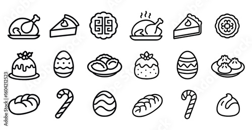 Food and dessert linear icons set – outline, sweet, meal and bakery symbols