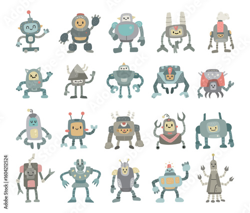 Robot character set in scandinavian style with various pose and emotion for your illustration and creative design projects featuring artificial intelligence and humanoid mechanical technology