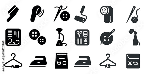 Fashion and laundry icons set – silhouette, solid, clothing care and textile symbols