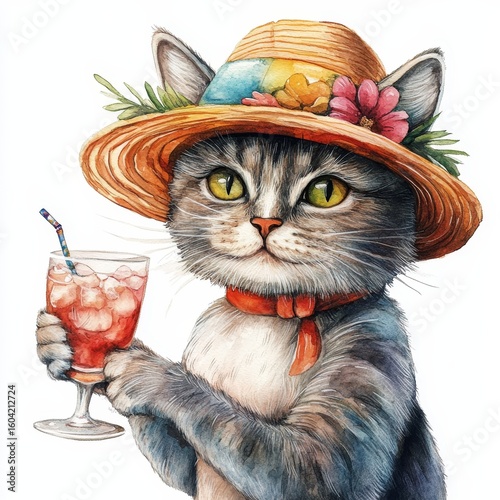 Watercolor illustration of a charming cat wearing a colorful summer hat and holding a cocktail glass, isolated against a white background, Generative AI