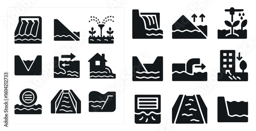 Flood management solid icons set – filled, flat, disaster preparedness symbols