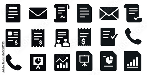 Communication and document solid icons set – flat, filled, messaging symbols