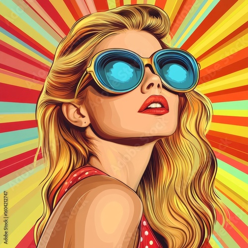 Pop art retro style featuring a pretty blonde young woman wearing sunglasses against a vibrant, colorful background, Generative AI