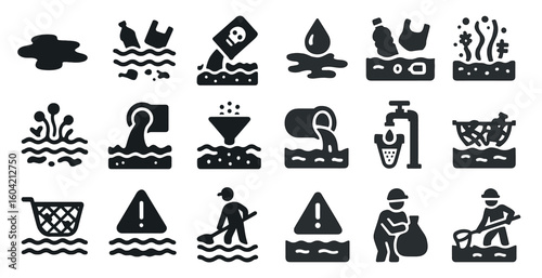Pollution and cleanup icons set: solid, filled, environment and conservation symbols