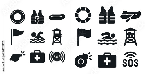 Lifeguard and safety solid icons set – filled, rescue, emergency symbols