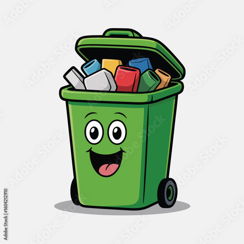  Happy green recycling bin overflowing with various recyclable materials