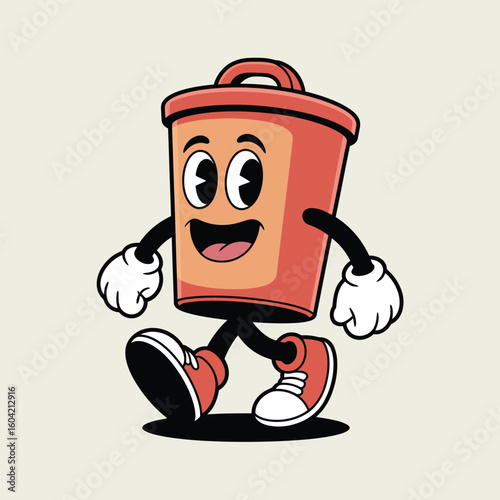  Retro cartoon character trash can walking happily