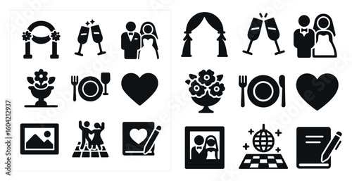 Wedding celebrations silhouette icons set – solid, filled, bridal and party symbols