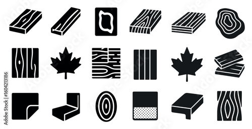 Wood texture solid icons set – silhouette, pattern, material design symbols