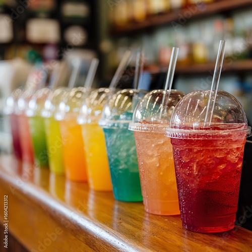 Colorful rainbow drinks refreshing summer beverages fruit juice cocktail bar restaurant cafe drink straw
