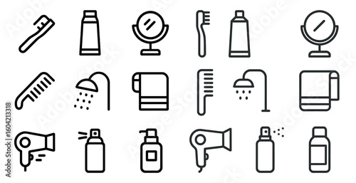 Personal care and hygiene icons set – outline, flat, grooming and bath symbols