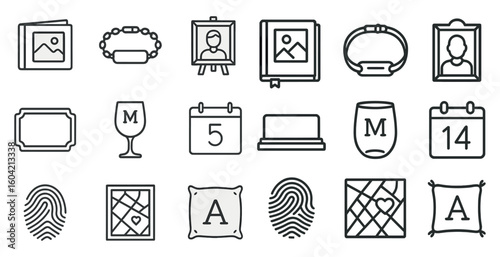 Personal memories outline icons set – silhouette, line, photo and memento symbols
