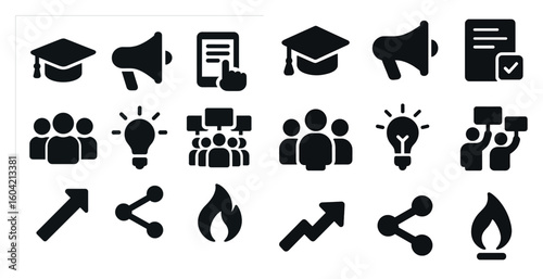 Education and communication solid icons set – filled, academic and media symbols