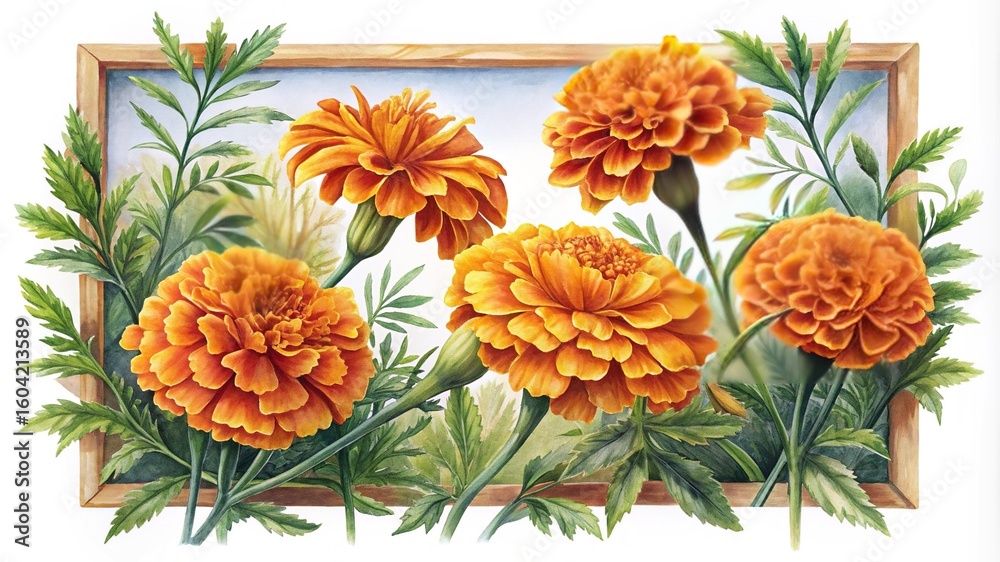 Fototapeta premium Watercolor Painting of Marigolds in a Wooden Frame with Green Leaves