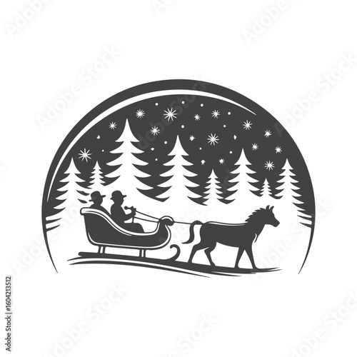 Horse drawn sleigh ride through snowy forest trees
