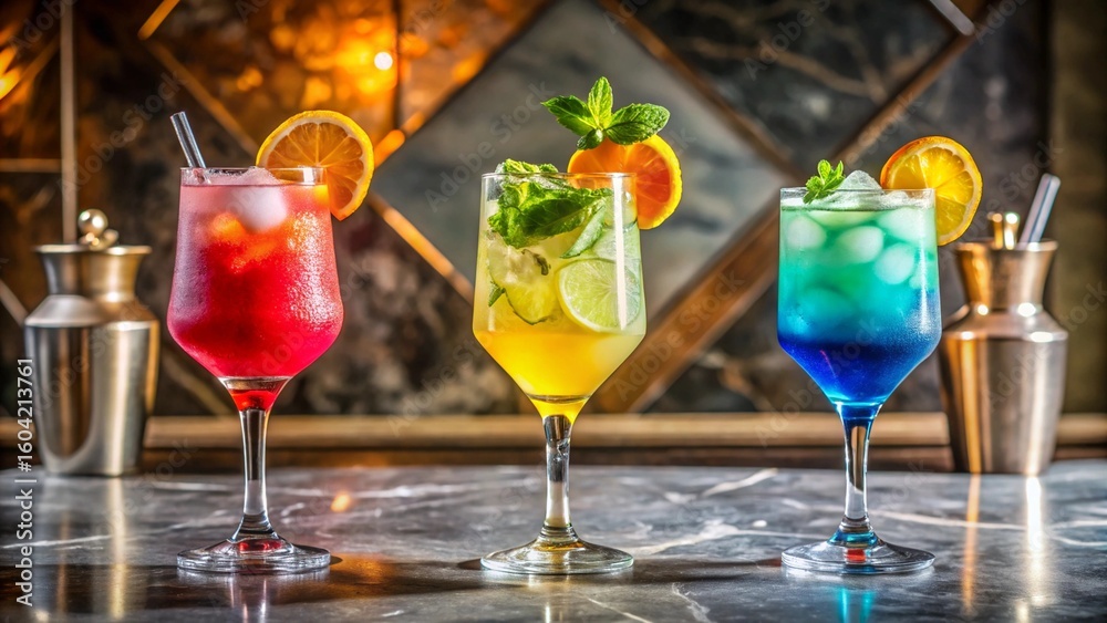 custom made wallpaper toronto digitalTrio of Colorful Cocktails on Marble Bar Top
