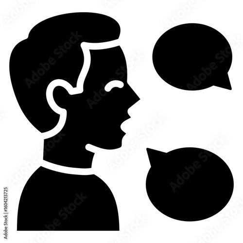 Verbal Communication Glyph Black Silhouette Vector Design - side-profile person speaking with floating speech bubbles, indicating conversation or discussion
