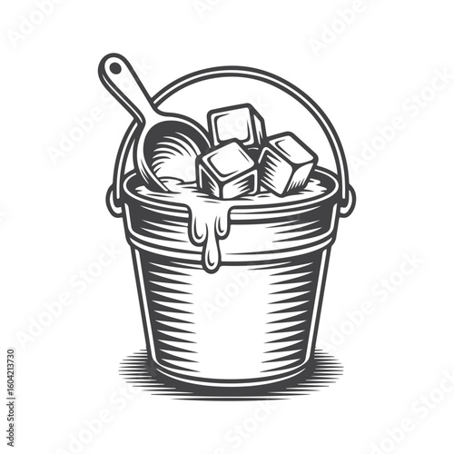 Ice cubes in a bucket with a scoop water liquid