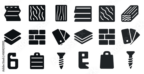 Material and construction icons set – solid, filled, building and design symbols