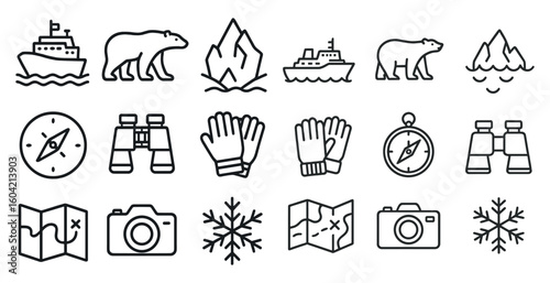 Arctic expedition icons set – outline, linear, cold and polar exploration symbols