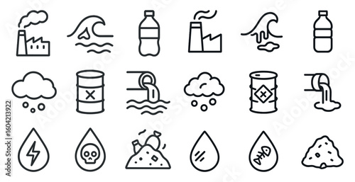 Environmental pollution outline icons set – linear, eco, waste management symbols