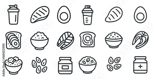 Food and nutrition outline icons set – healthy, meal, diet planning symbols