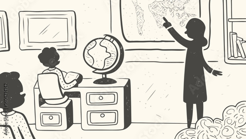 Illustration of a classroom scene with students a teacher a globe and a world map on the wall silhouette