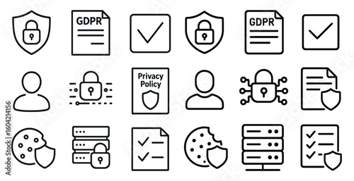 Privacy and security outline icons set – linear, protection, data safety symbols