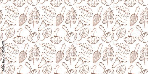 Seamless pattern of line art style mushroom and leaf on white background. Natural forest botanical design for autumn seasonal theme and culinary decoration.