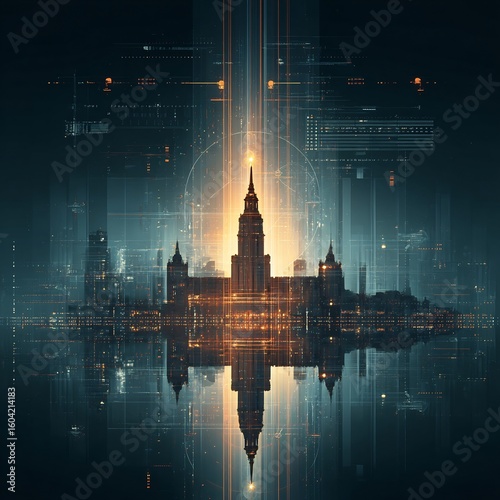 Futuristic City Skyline with Data Stream