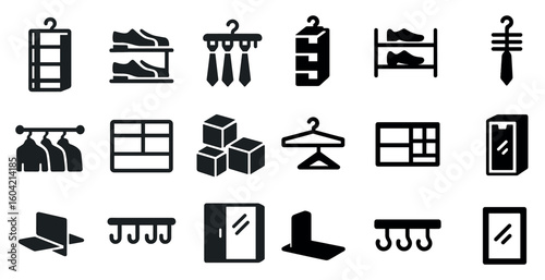 Wardrobe and closet solid icons set – fashion, storage, and organization symbols